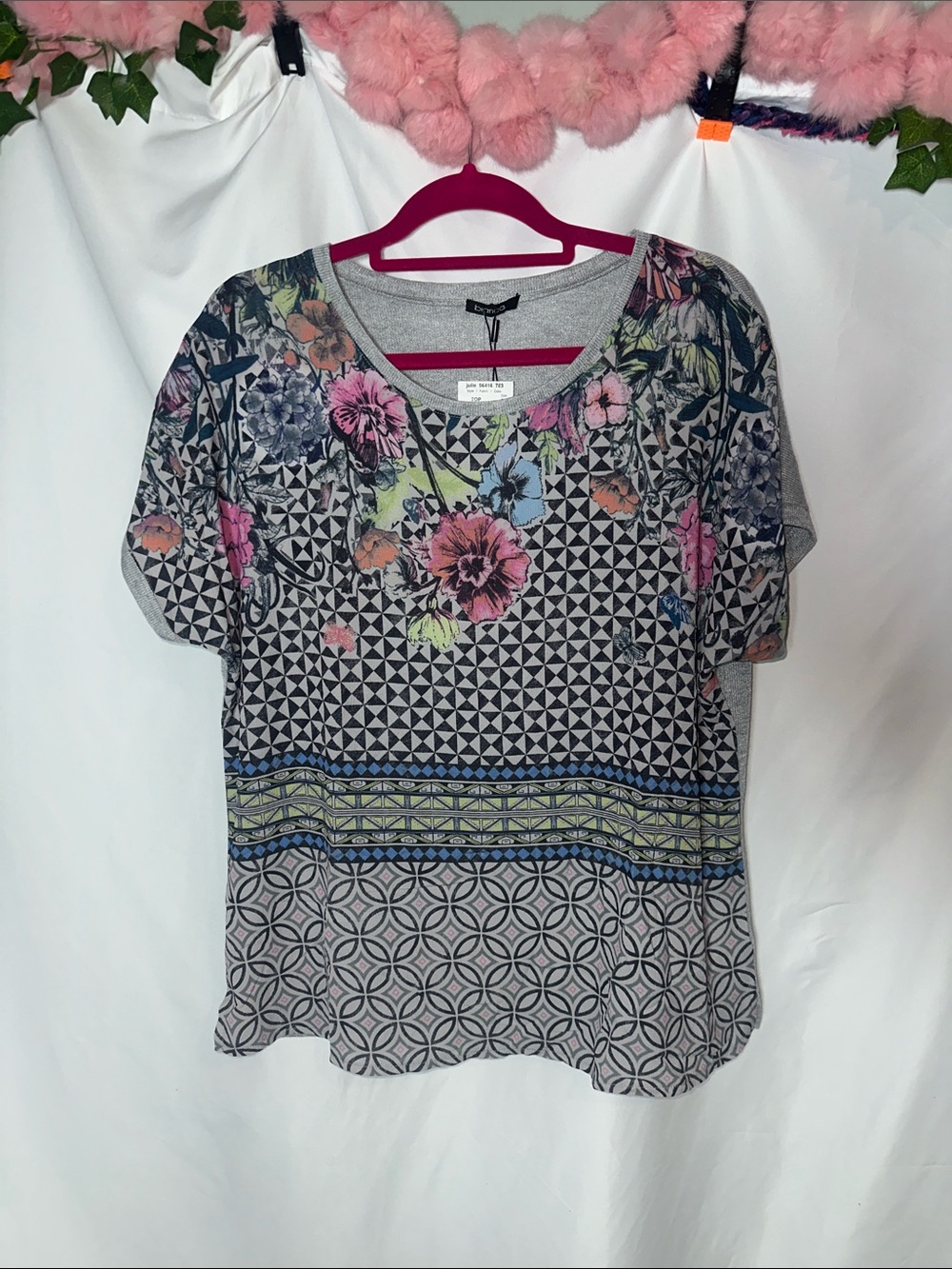 Bianca Patterned Short Sleeve Tee with Pink Floral Accents